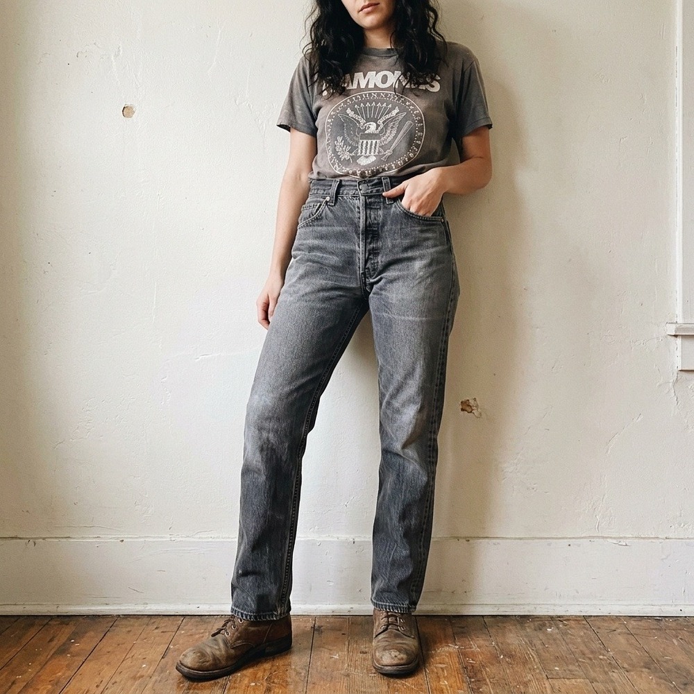 Vintage 80s Levi's 501 Women Jeans 27 Black Faded Distressed Button Fly Straight